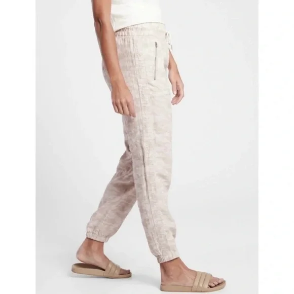 Athleta Cabo Tide Linen Jogger Sz 18 Neutral Camo Beige Mid Rise Zip Pocket NWT - Picture 2 of 13